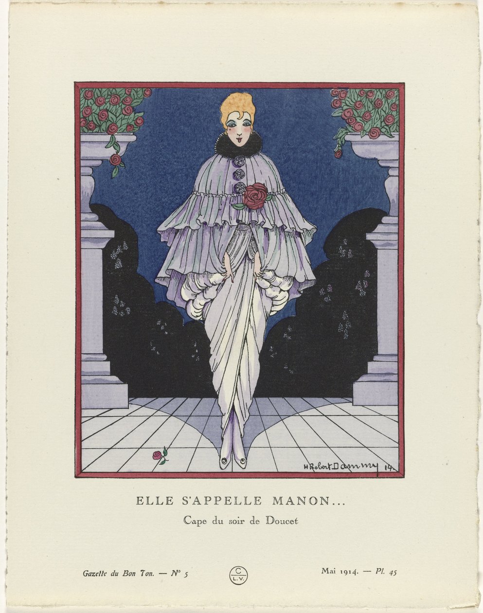 Gazette du Bon Ton, 1914 - No. 5, Pl. 45: Su nombre es Manon (...) / Capa de noche de Doucet (título sobre objeto) de H. Robert Dammy