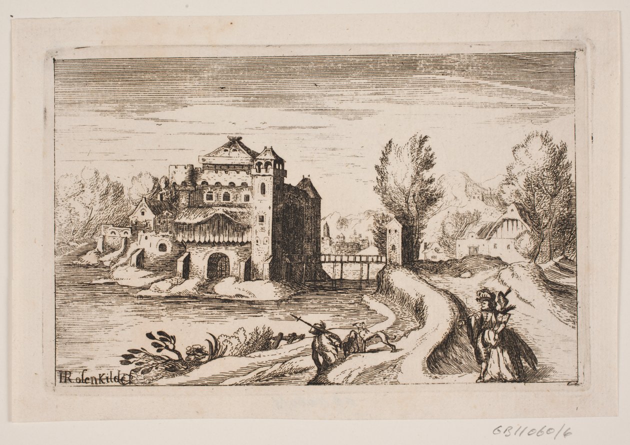 Paisaje fluvial con castillo en una colina de H. Rosenkilde