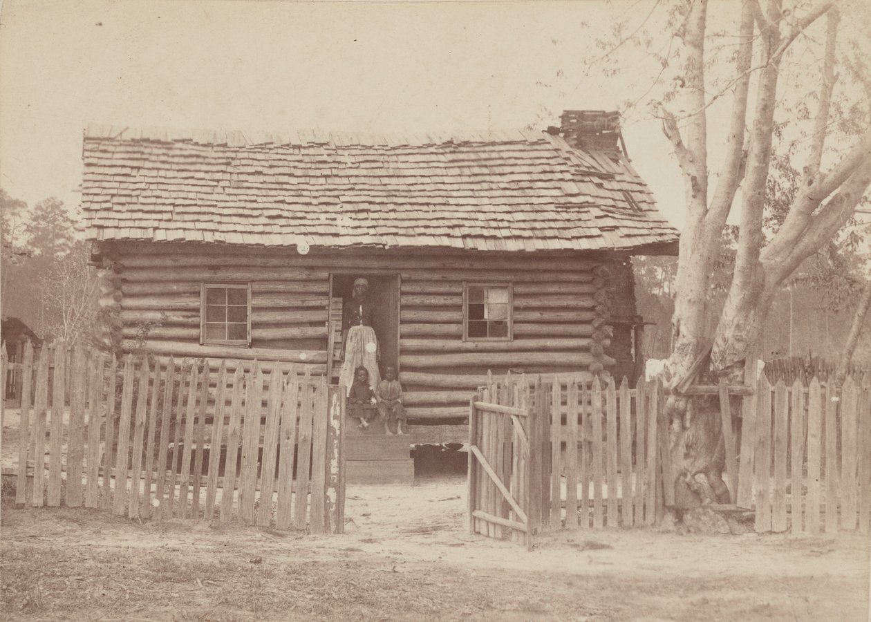 Impresión de albúmina de una mujer y dos niños frente a una casa de troncos en Georgia de H. S. Clark