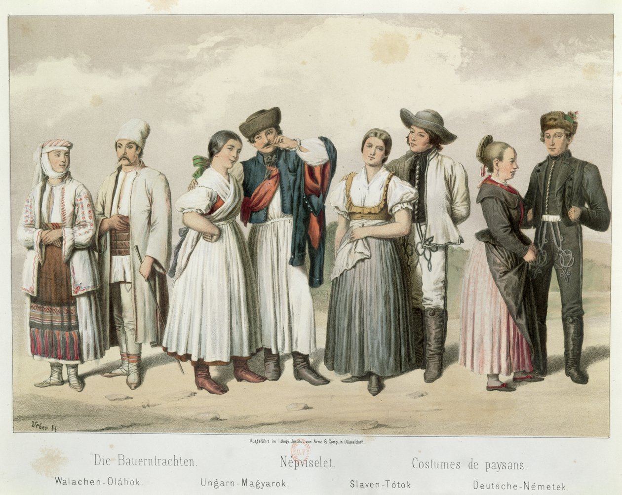 Trajes de campesinos de Rumania, Hungría, Eslovaquia y Alemania, de 