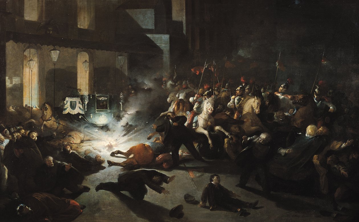 El intento de asesinato del emperador Napoleón III (1808-73) por Felice Orsini (1819-59) el 14 de enero de 1858, 1862 de H. Vittori Romano