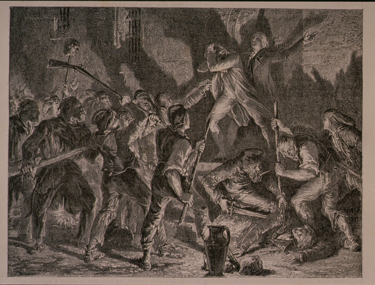 La Masacre en las Prisiones en septiembre de 1792, grabado por Jean-Baptiste Charles Carbonneau (n.1815) de H. de la Charlerie