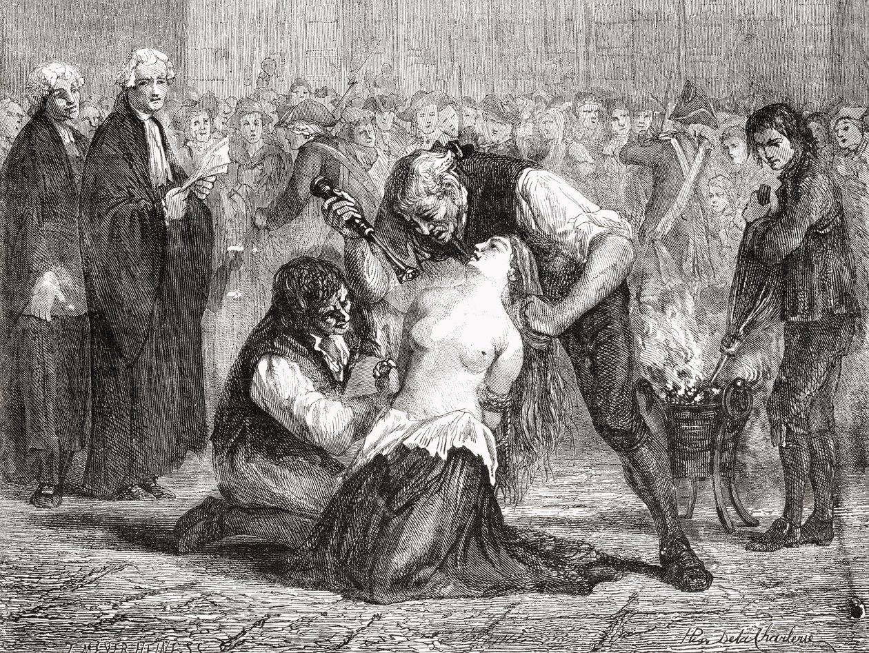La tortura de Madame de la Motte, grabado por Meyer-Heine, de 