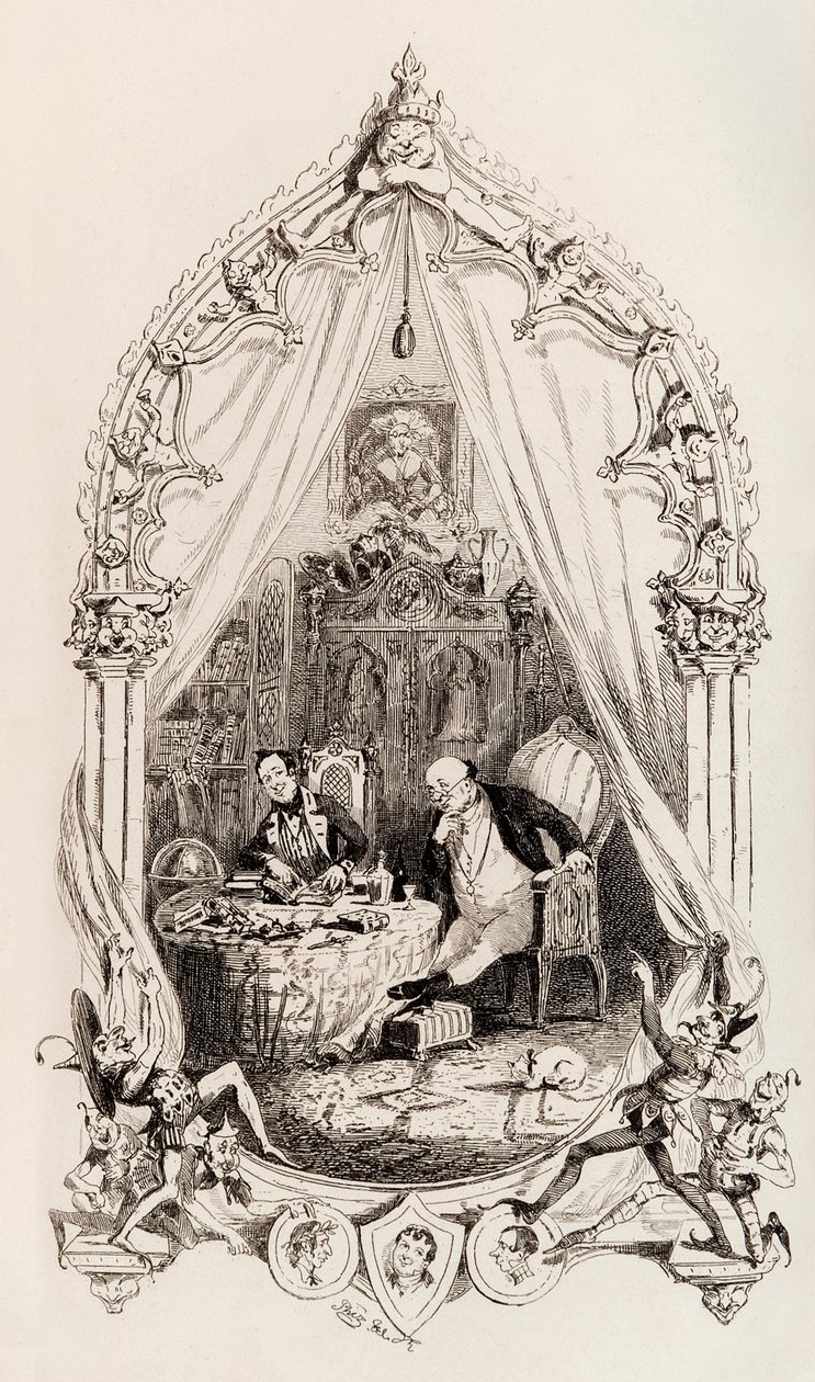 Frontispicio de Los papeles póstumos del Club Pickwick publicado en forma de libro en 1837 de Hablot Knight Browne