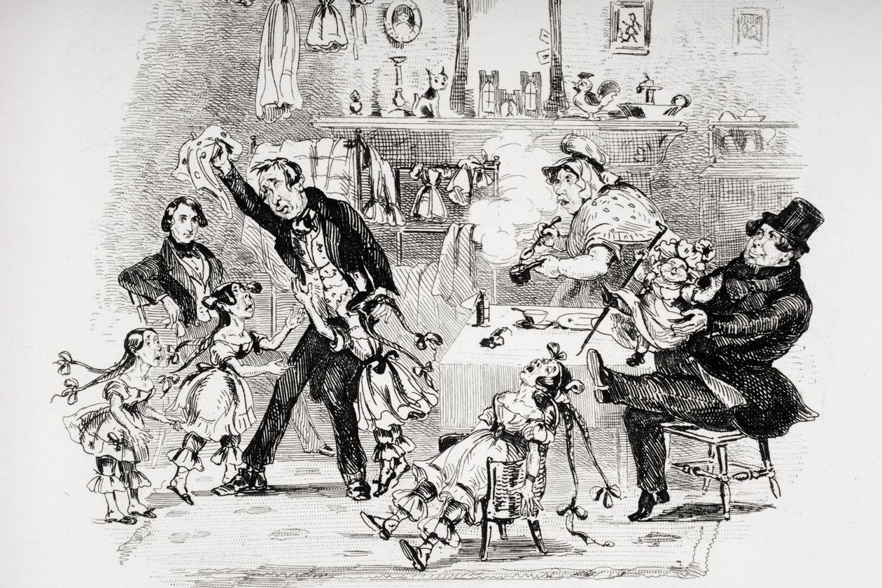 Emoción del Sr. Kenwigs al escuchar las noticias familiares de Nicholas, ilustración de 