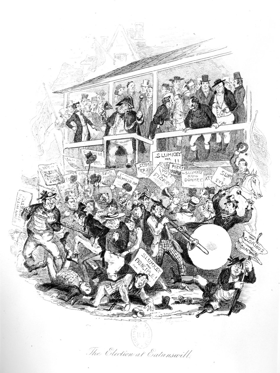 El señor Pickwick en el día de las elecciones en Eatenswill, ilustración de 