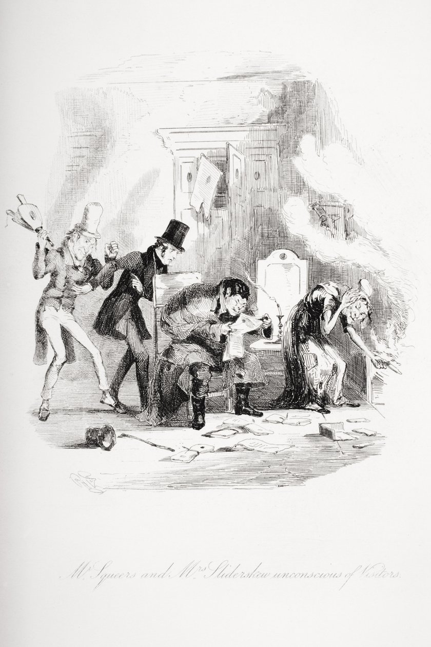 El Sr. Squeers y la Sra. Sliderskew inconscientes de los visitantes, ilustración de 