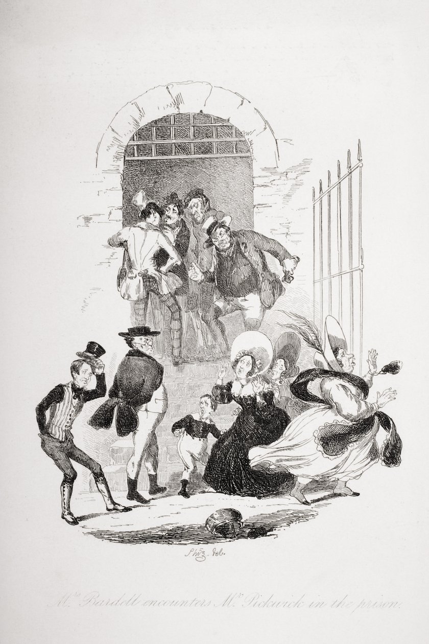 La Sra. Bardell se encuentra con el Sr. Pickwick en la prisión, ilustración de 