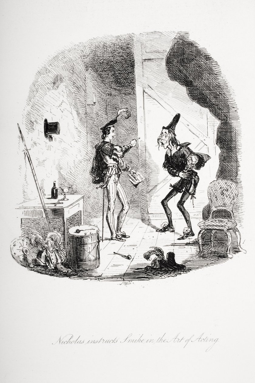 Nicholas instruye a Smike en el arte de actuar, ilustración de 