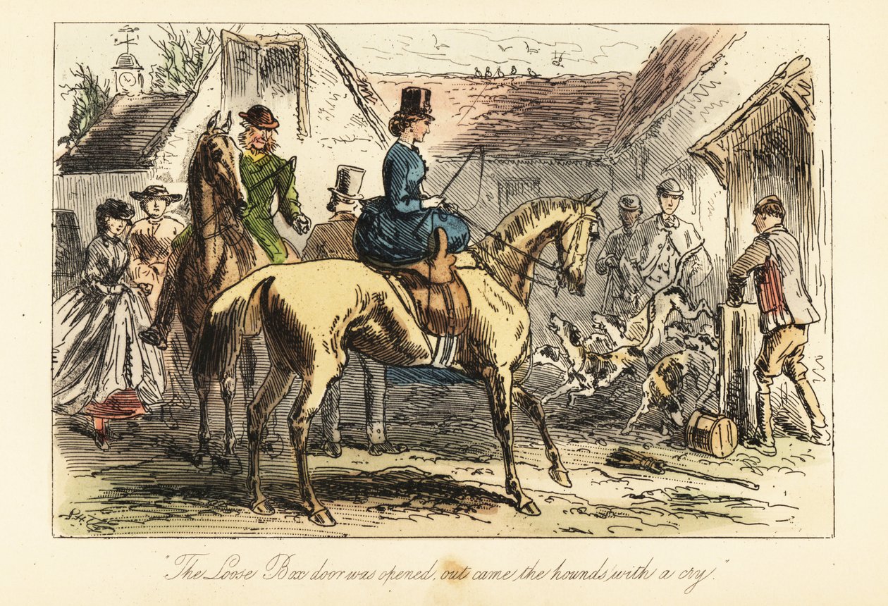 Cazadores y mujeres observando a los perros de caza salir de un corral antes de una cacería de after Hablot Knight Browne