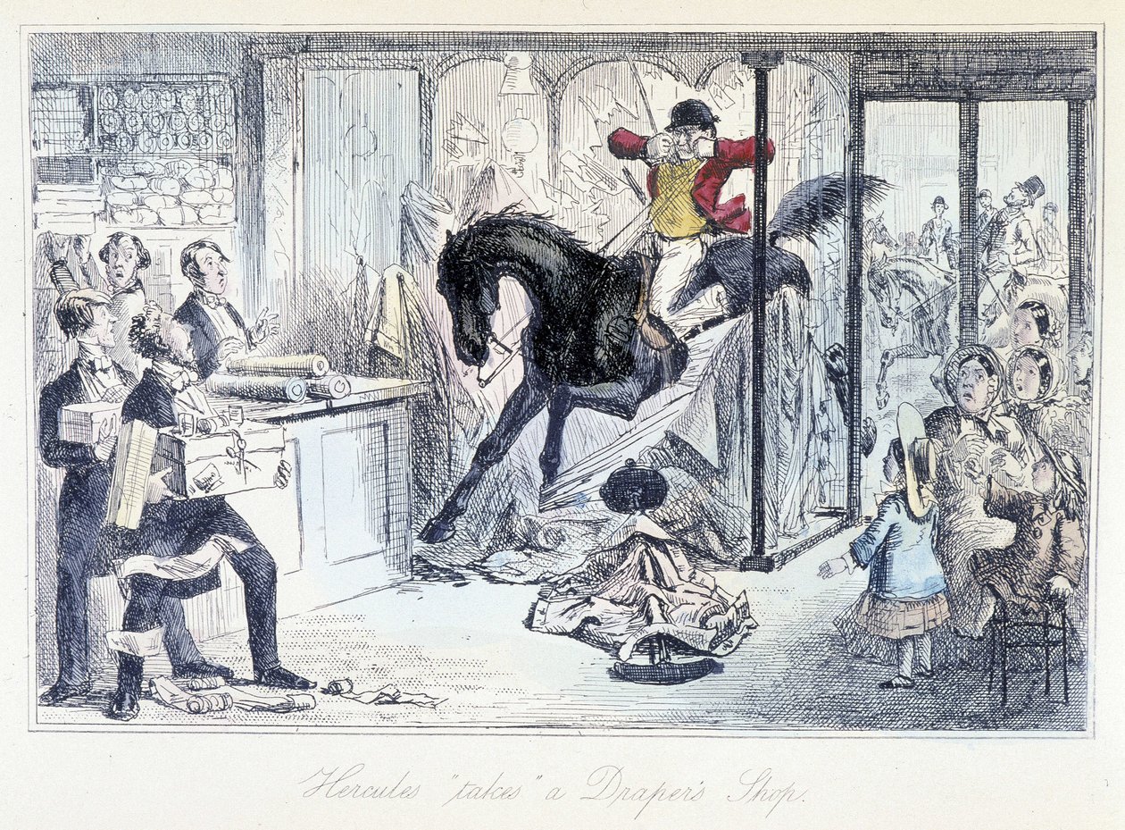 Cazador de caballos entrando accidentalmente en una tienda de telas. Caricatura inglesa sobre la caza de 