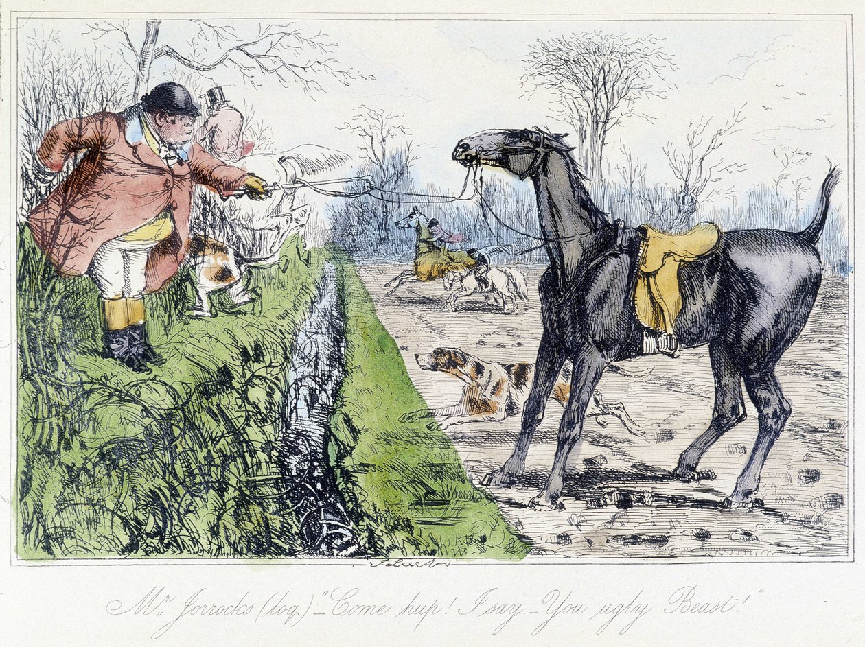 Escena de caza a caballo. Caricatura inglesa sobre la caza del zorro de "Las aventuras de Thomas Scott o Hawbuck Grange", ilustración de H.K. Browne y W.T. Maud de Hablot Knight Browne