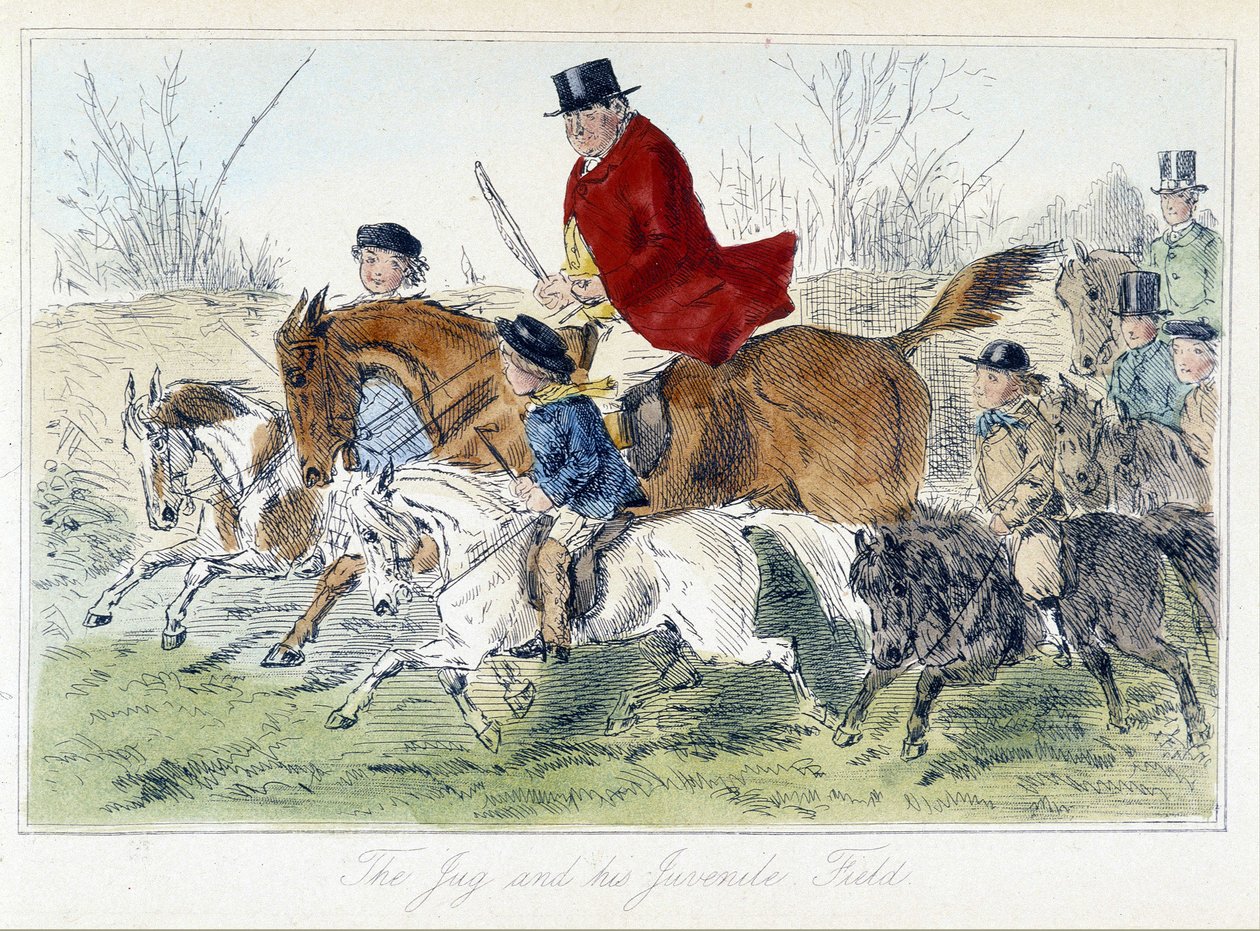 Escena de caza, caricatura inglesa sobre la caza del zorro de "Adventures of Thomas Scott or Hawbuck Grange", ilustración de H.K. Browne y W.T. Maud de Hablot Knight Browne