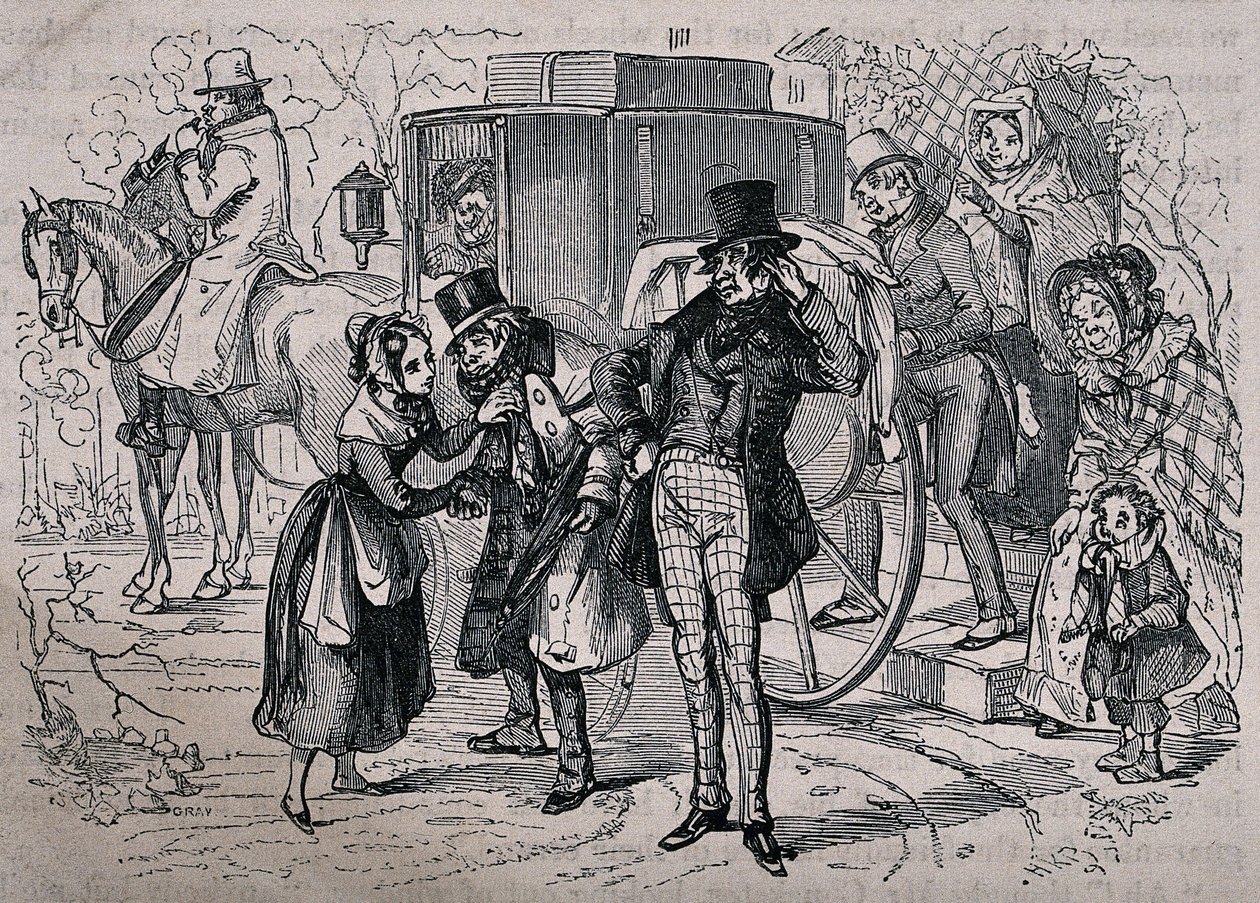 Una joven atiende a un hombre que parece enfermo, mientras los habitantes de la casa suben al carruaje. Grabado en madera de Gray, basado en una obra de H. K. Browne. de Hablot Knight Browne