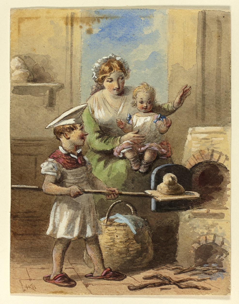 Niño horneando pan de Hablot Knight Browne