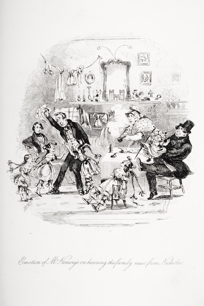Emoción del Sr. Kenwigs al escuchar las noticias familiares de Nicholas, ilustración de 