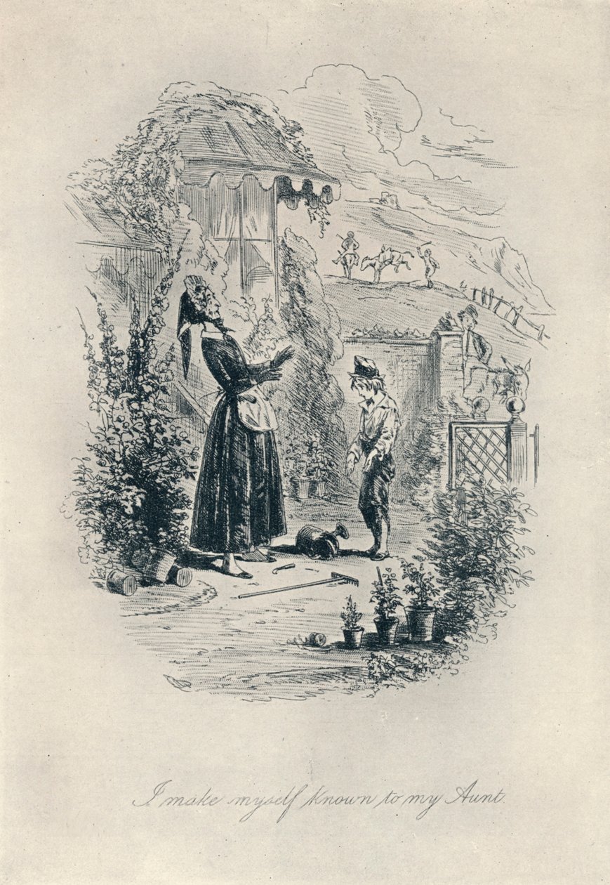 Me doy a conocer a mi tía. Grabado de David Copperfield, c1840-1880, 1923 de Hablot Knight Browne
