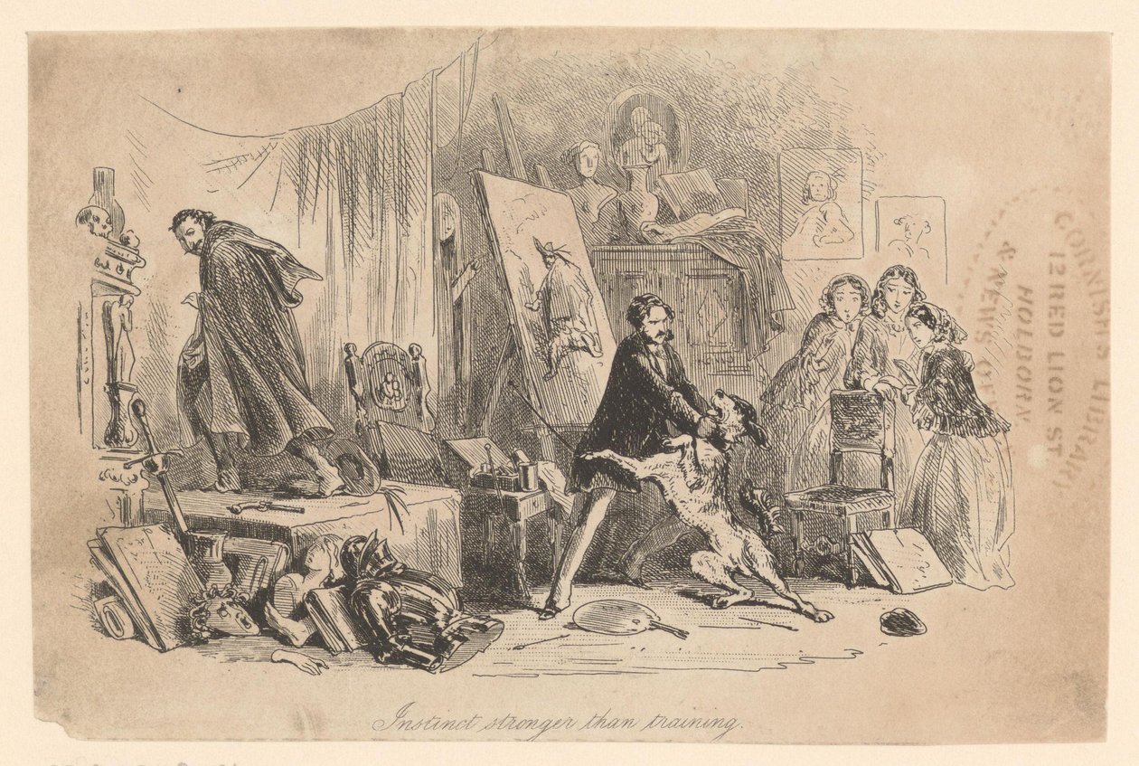 En su estudio, Henry Gowan contiene a su perro, que acaba de reconocer al criminal Rigaud de Hablot Knight Browne