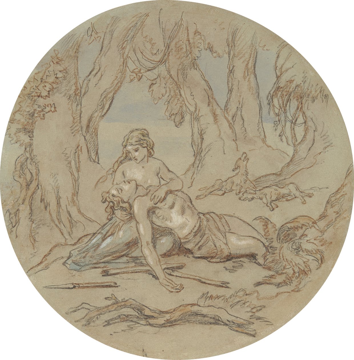 Uno de los dieciocho diseños para una serie de láminas que ilustran Venus y Adonis de Hablot Knight Browne