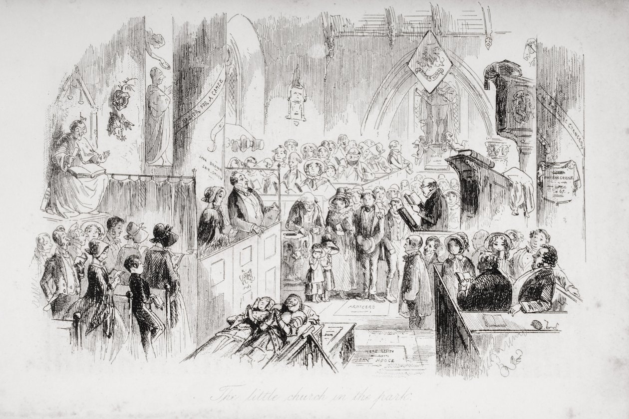 La pequeña iglesia en el parque, ilustración de 