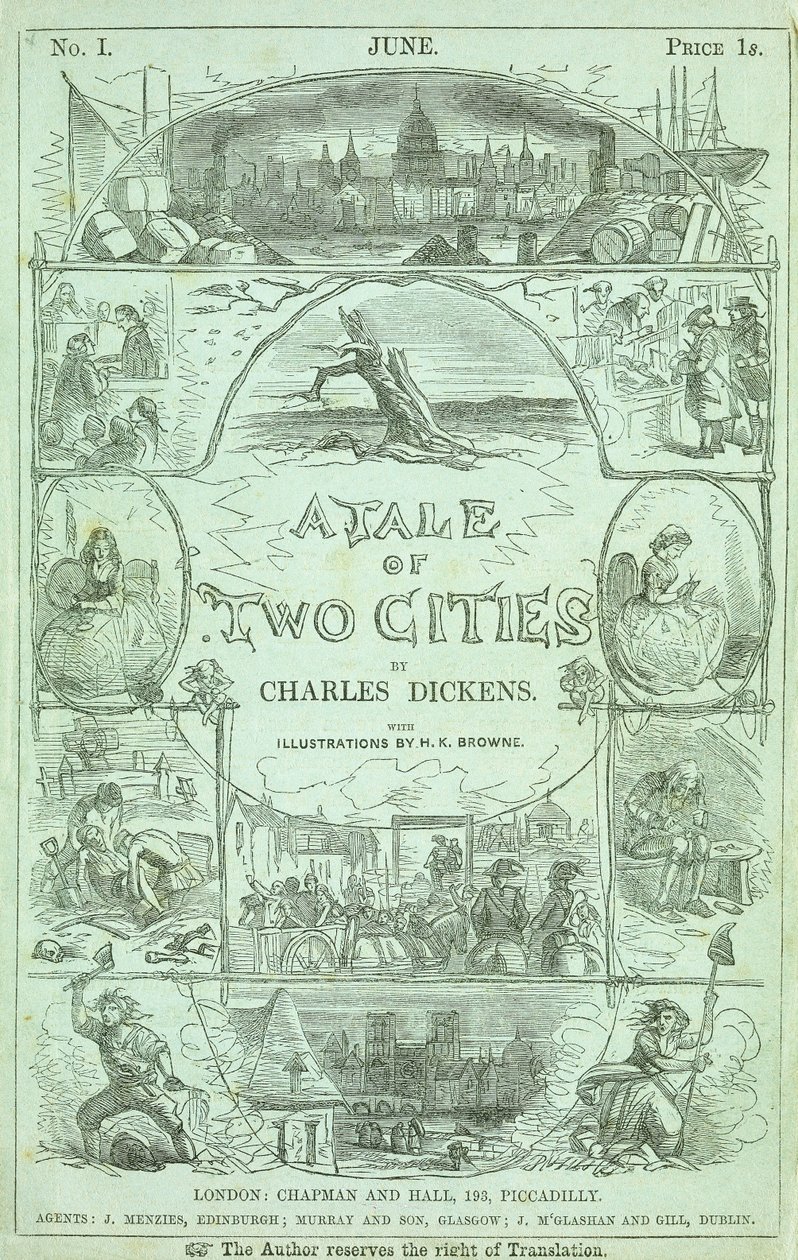Página de título de la primera parte de la primera edición en partes serializadas del libro Una historia de dos ciudades de Charles Dickens, 1859 de Hablot Knight Browne