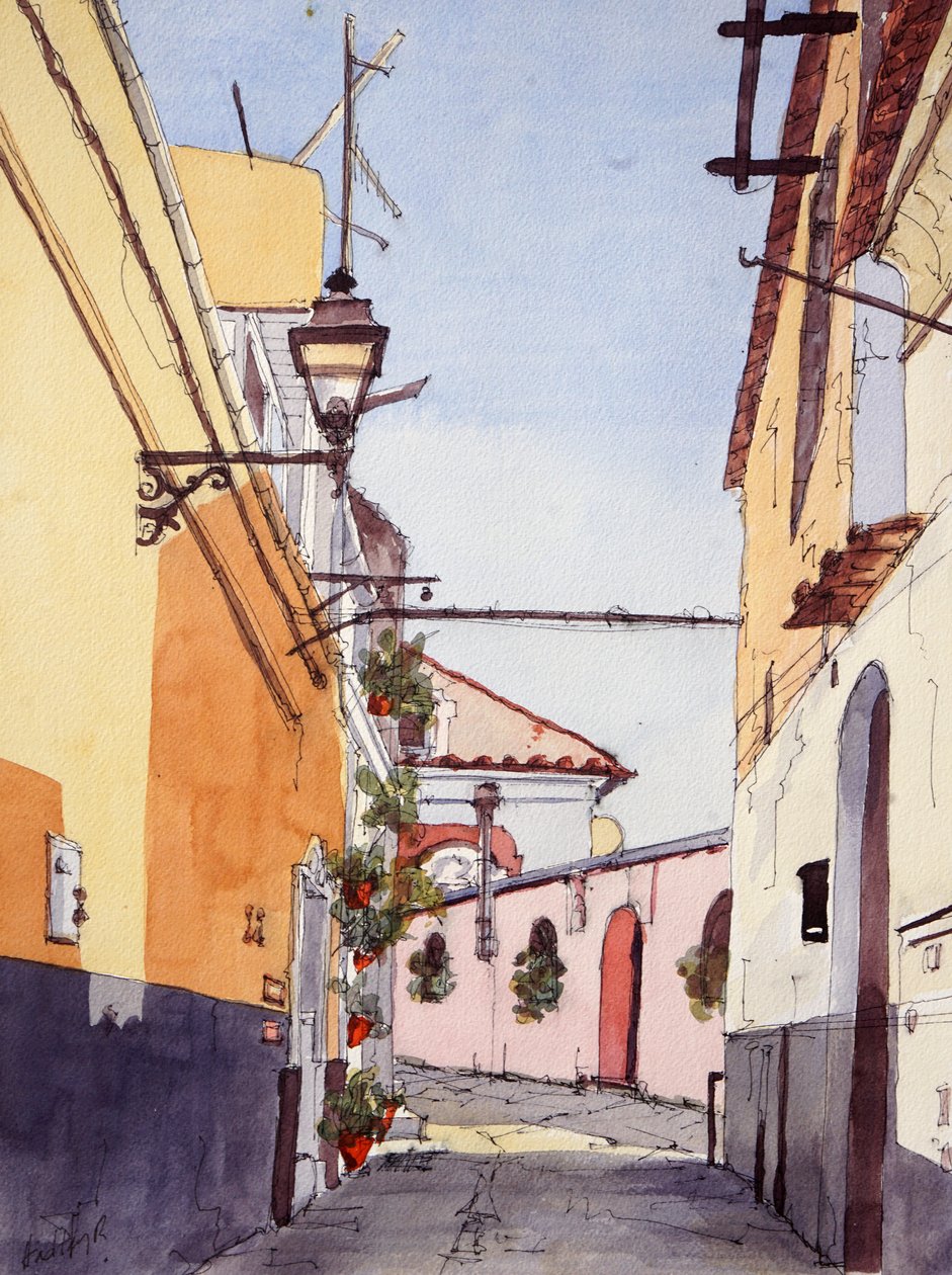 Callejuela, Positano, Italia, c.2024 (acuarela y tinta) de Hadley Rampton