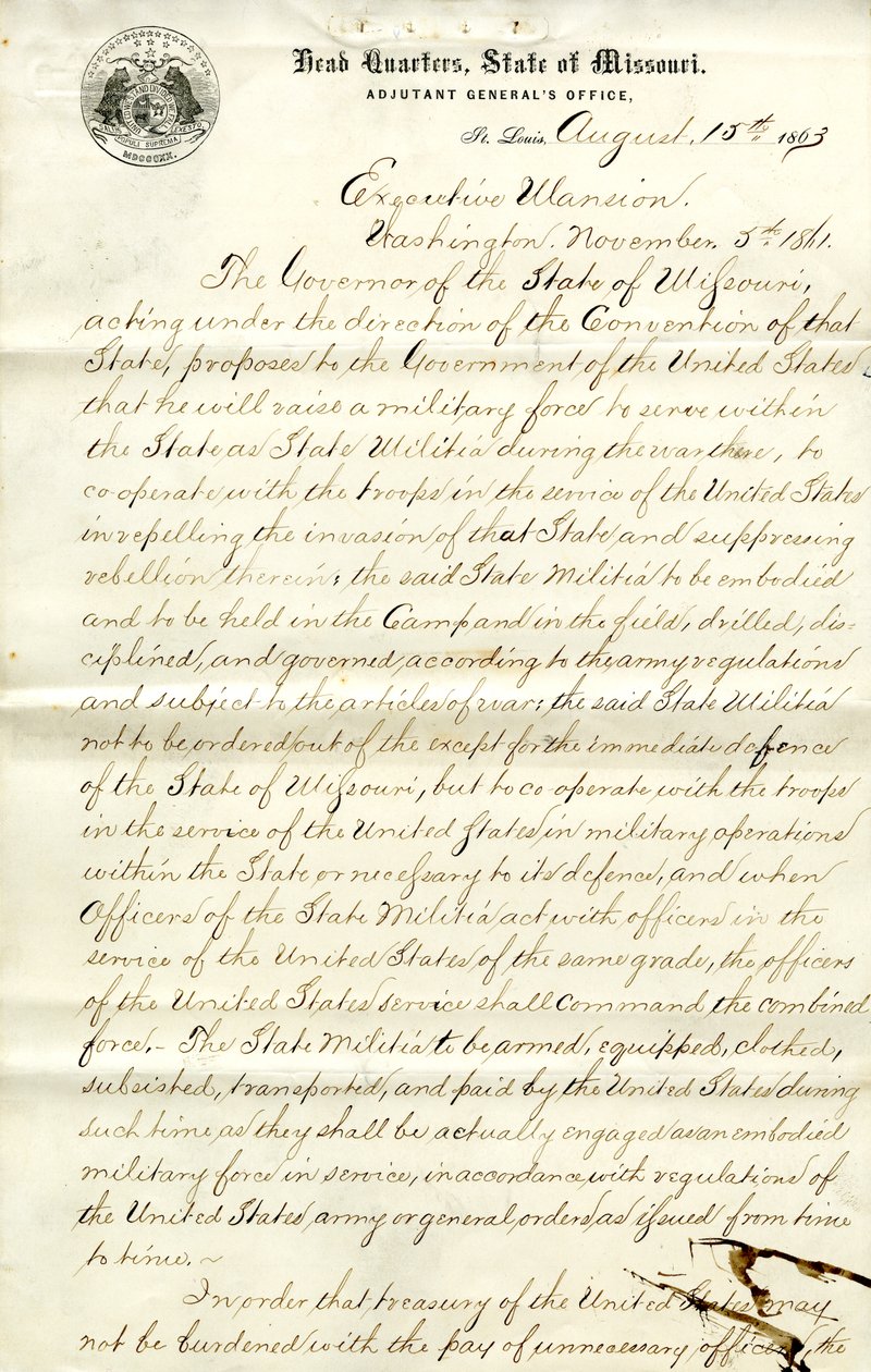 Sobre el levantamiento y alistamiento de la milicia en Missouri y la cooperación con las fuerzas de EE.UU. de Hamilton Rowan Gamble