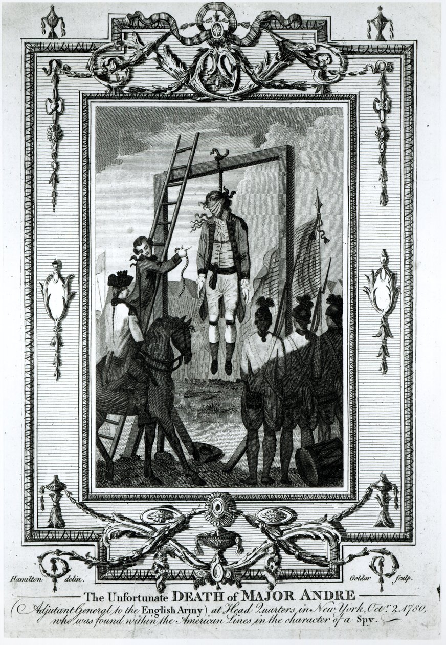 La desafortunada muerte del Mayor Andre, Ayudante General del Ejército Inglés, en el Cuartel General en Nueva York, 2 de octubre de 1780, grabado por John Goldar (1729-1795) de Hamilton