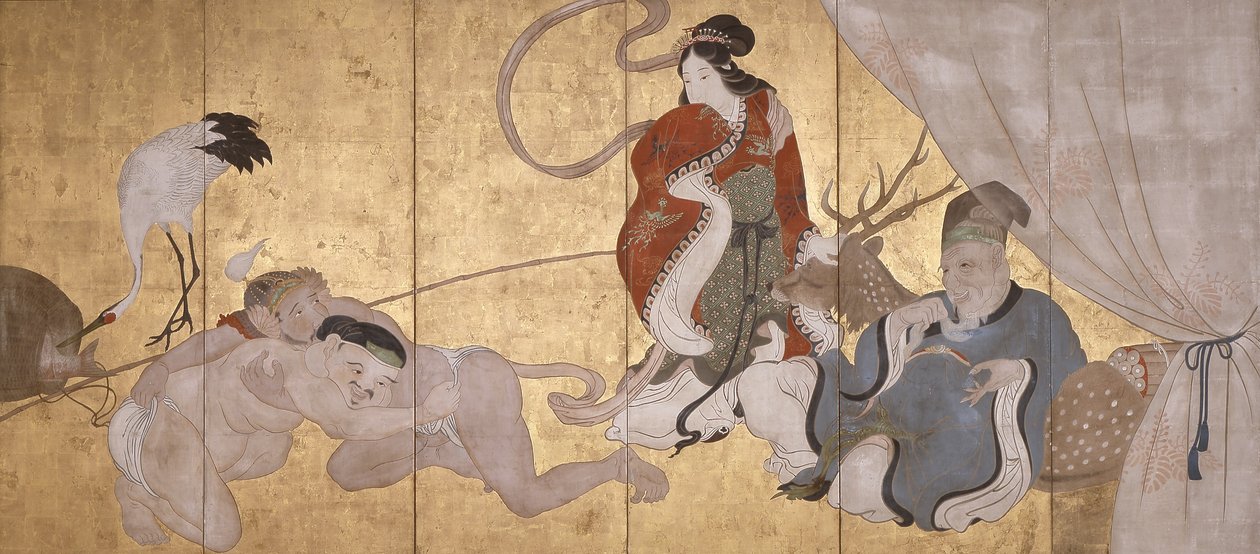 Seven Gods Of Good Fortune (tinta, color y pan de oro sobre papel, pantalla séxtuple) de Hanabusa Itcho