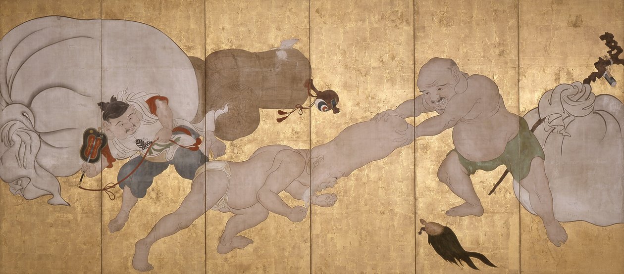 Seven Gods Of Good Fortune (tinta, color y pan de oro sobre papel, pantalla séxtuple) de Hanabusa Itcho