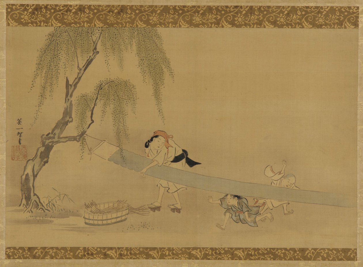 Mujer estirando tela para secar, dos niños jugando, período Edo, finales del siglo XVII-principios del siglo XVIII de Hanabusa Itcho