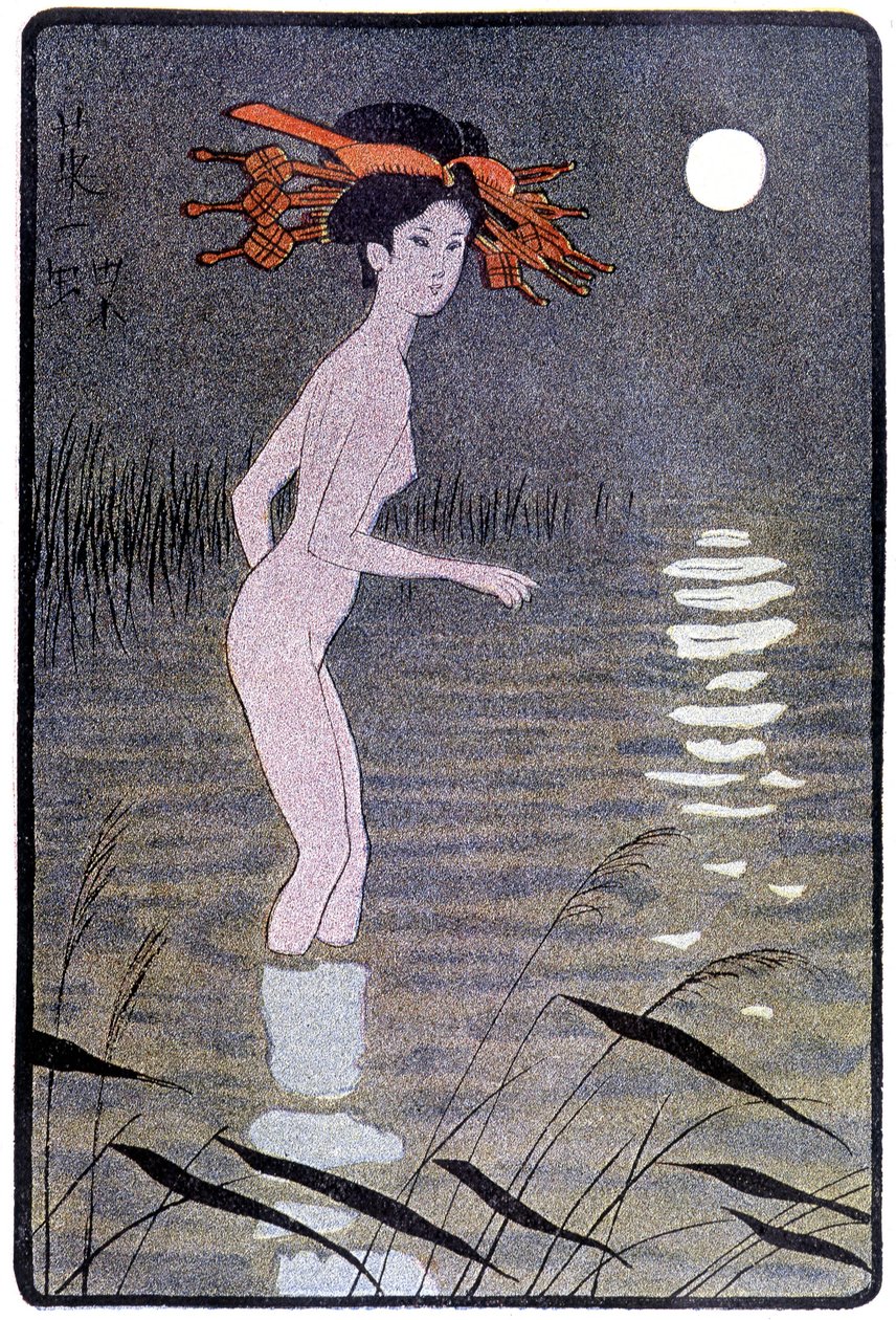 Joven japonesa bañándose en un estanque a la luz de la luna - en “Muñeca japonesa” de Félicien Champsaur, ilustrado por Hanafusa Itcho, París de Hanabusa Itcho