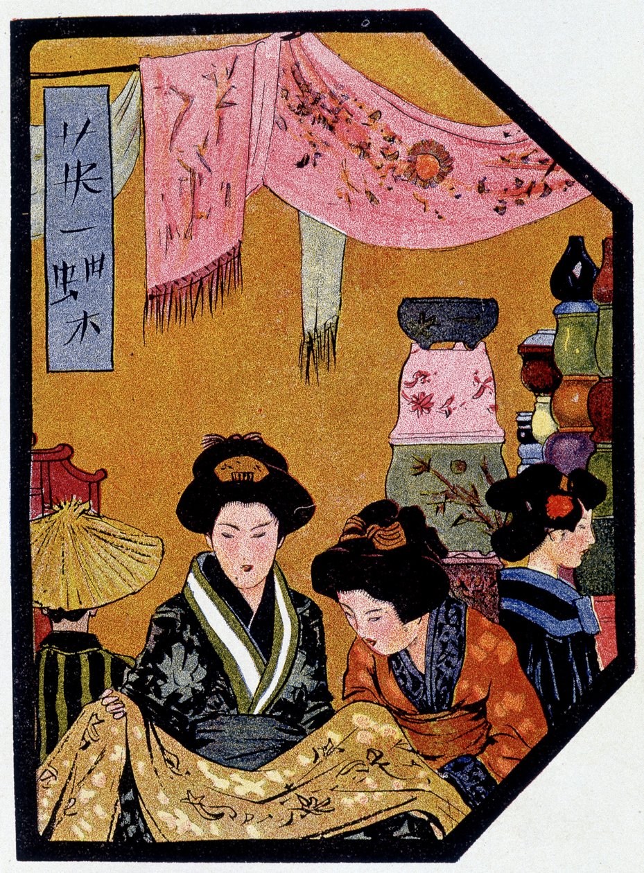 Joven japonés en tiendas de seda - en "Muñeca japonesa" por Félicien Champsaur, ilustrado por Hanafusa Itcho, París de Hanabusa Itcho