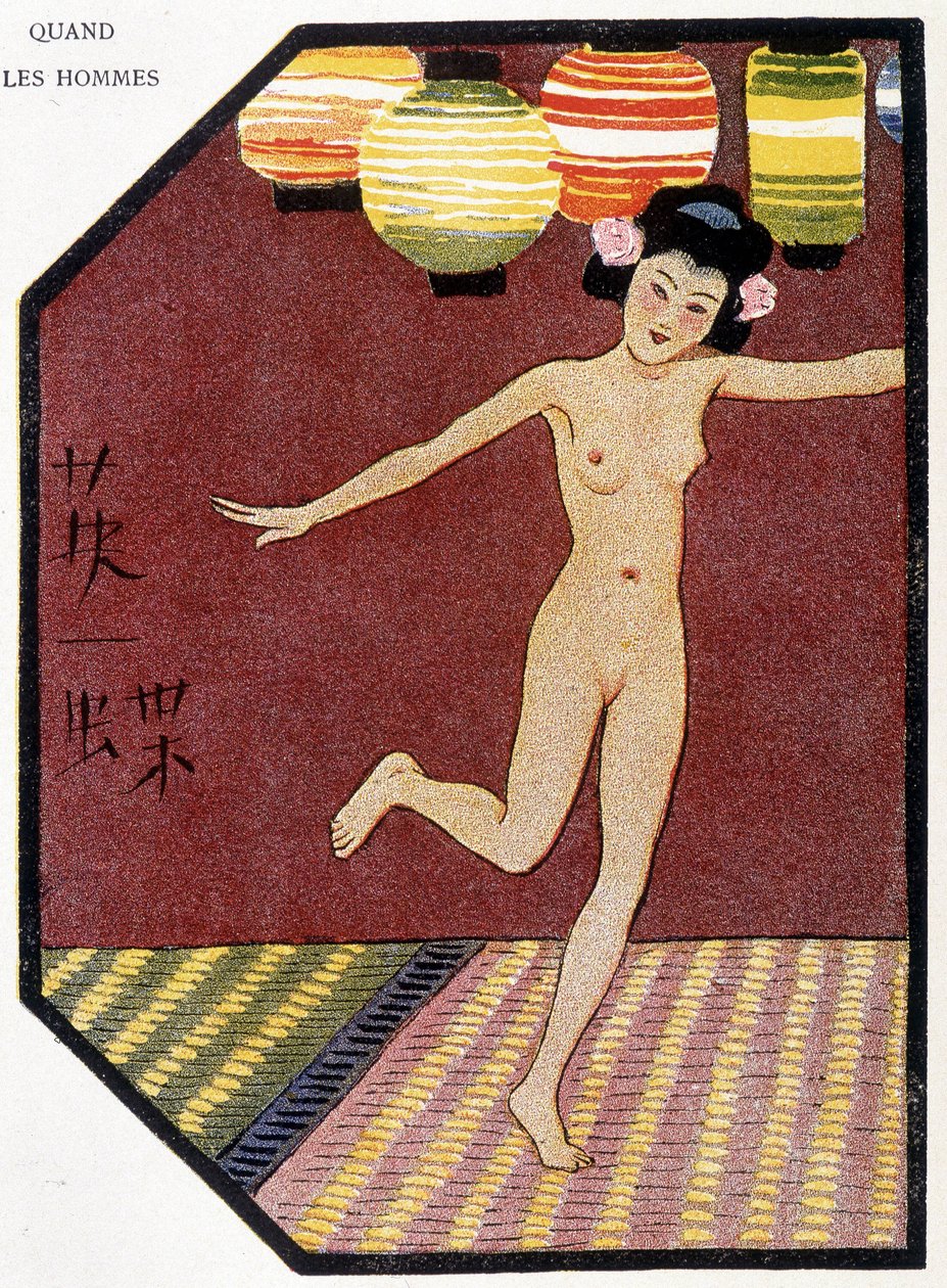 Joven japonesa desnuda bailando - en "Muñeca japonesa" de Félicien Champsaur, ill. Hanafusa Itcho, París de Hanabusa Itcho