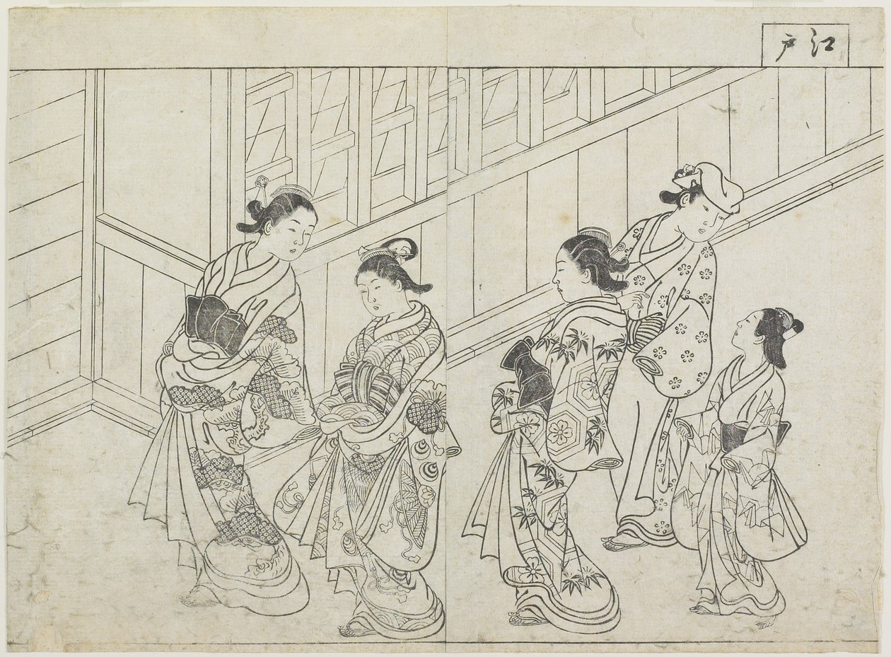 Cinco prostitutas frente a una casa, principios de 1770 de Hanabusa Shigenobu