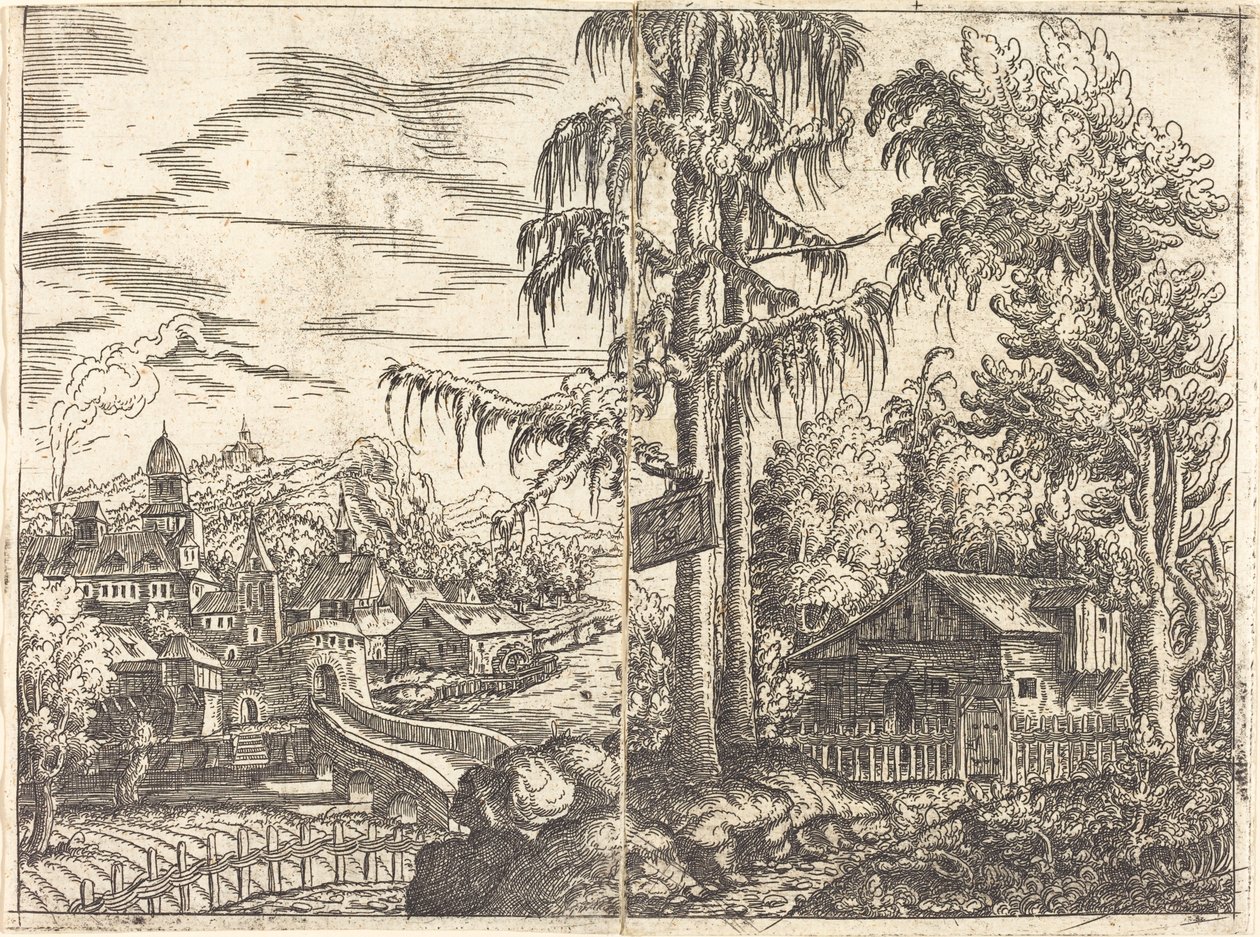 Paisaje con Vista de una Cabaña de Granjero y una Ciudad Cerca de un Río de Hanns Lautensack