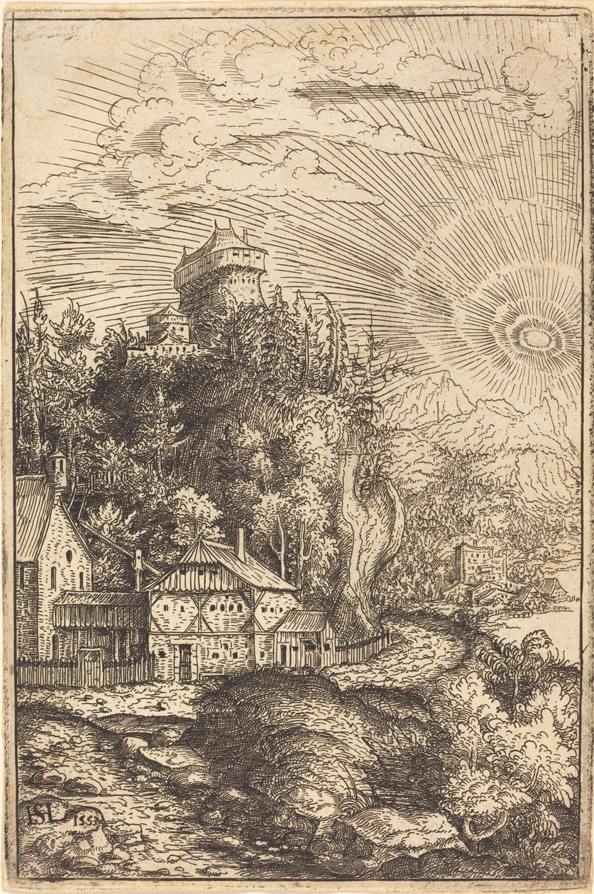 Paisaje con un castillo y sol radiante de Hanns Lautensack