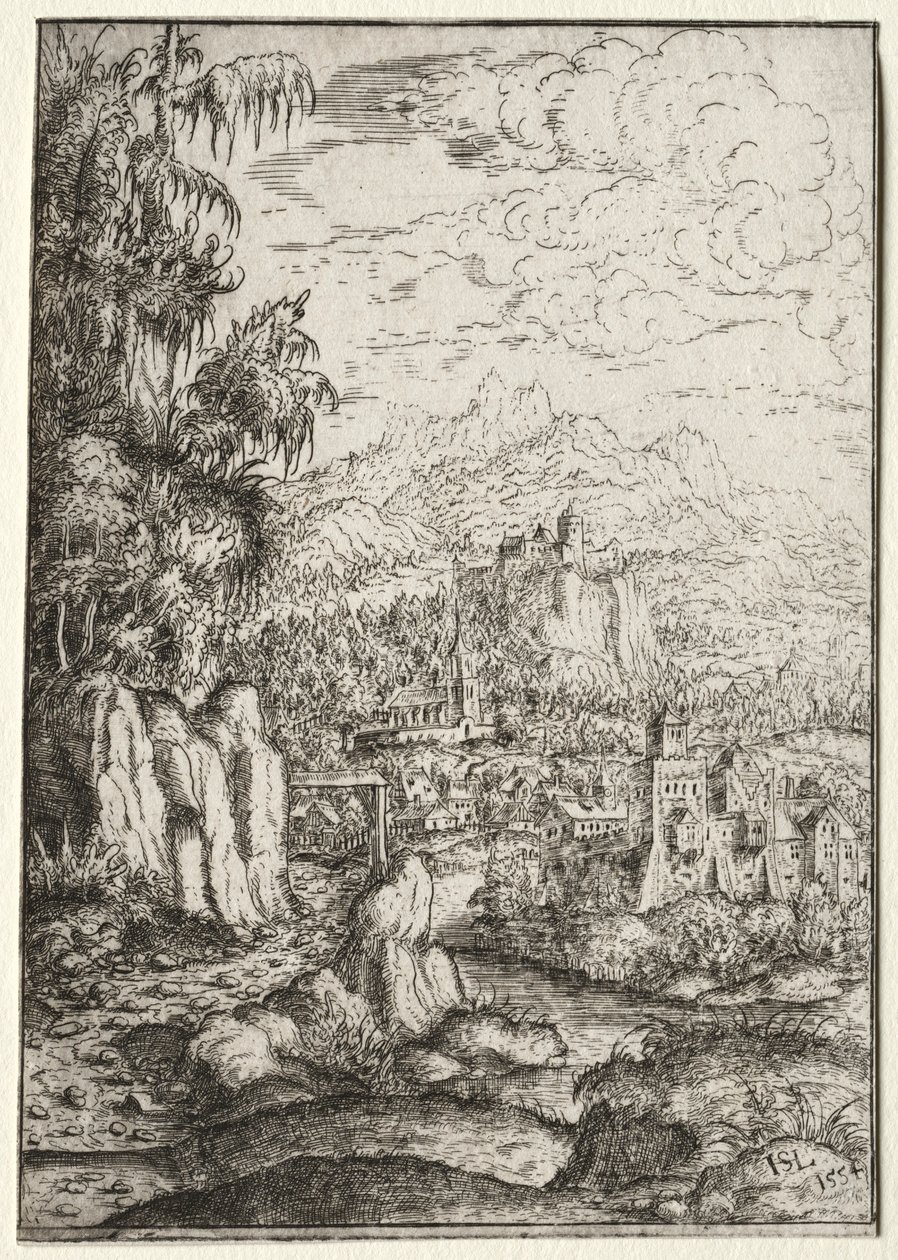 Paisaje con un camino a un castillo en una isla en un río de Hanns Sebald Lautensack