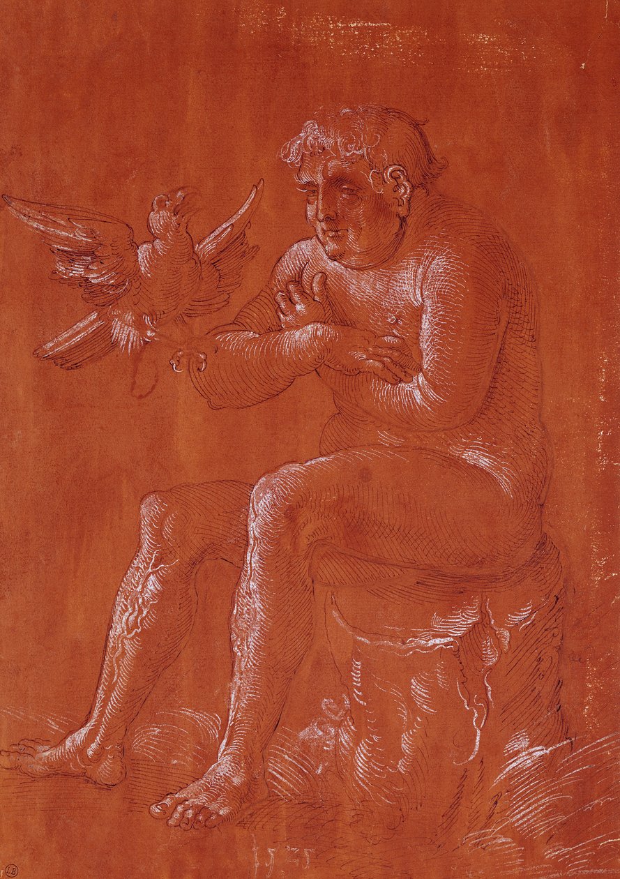 Hombre desnudo sentado en un tronco de árbol escuchando a un loro de Hans Baldung Grien
