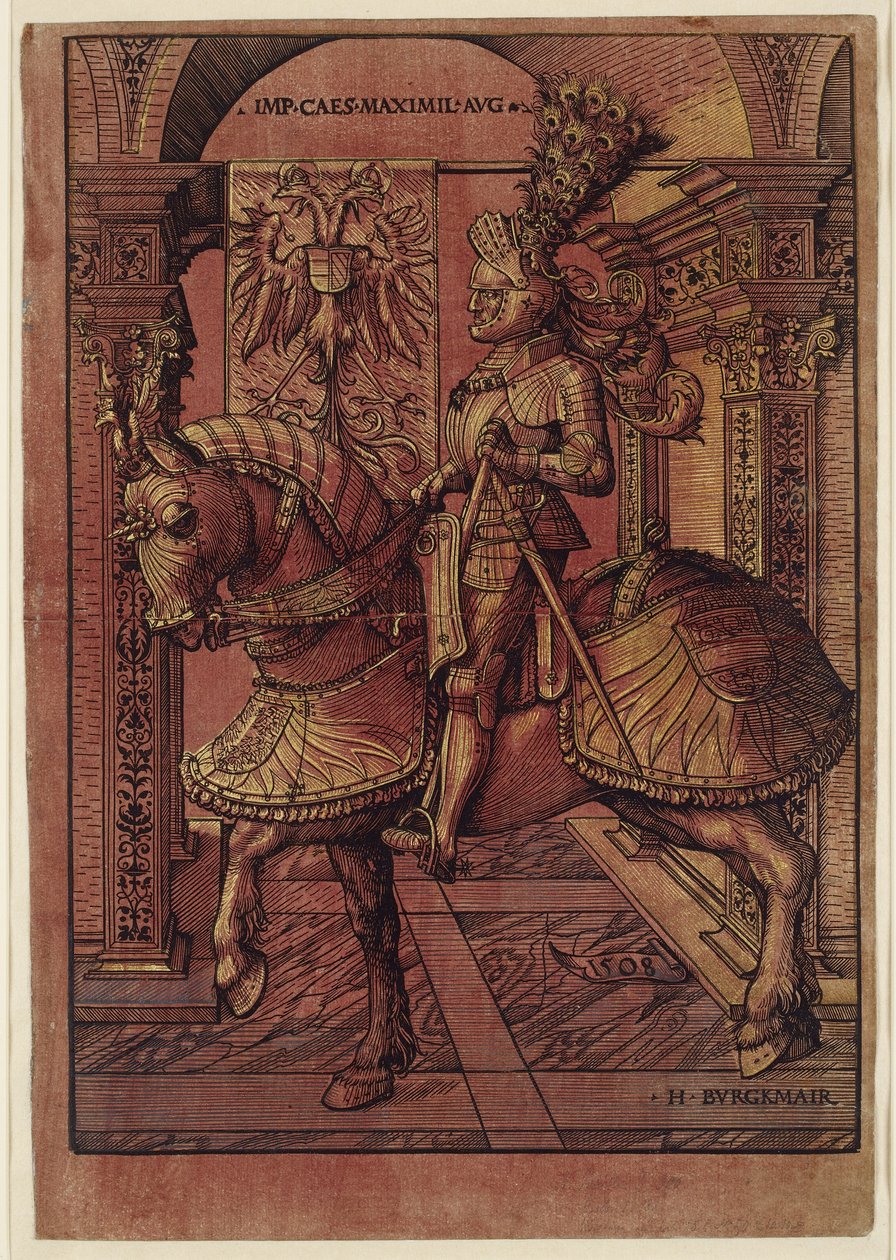 Emperador Maximiliano I, armado a caballo, 1508 de Hans Burgkmair