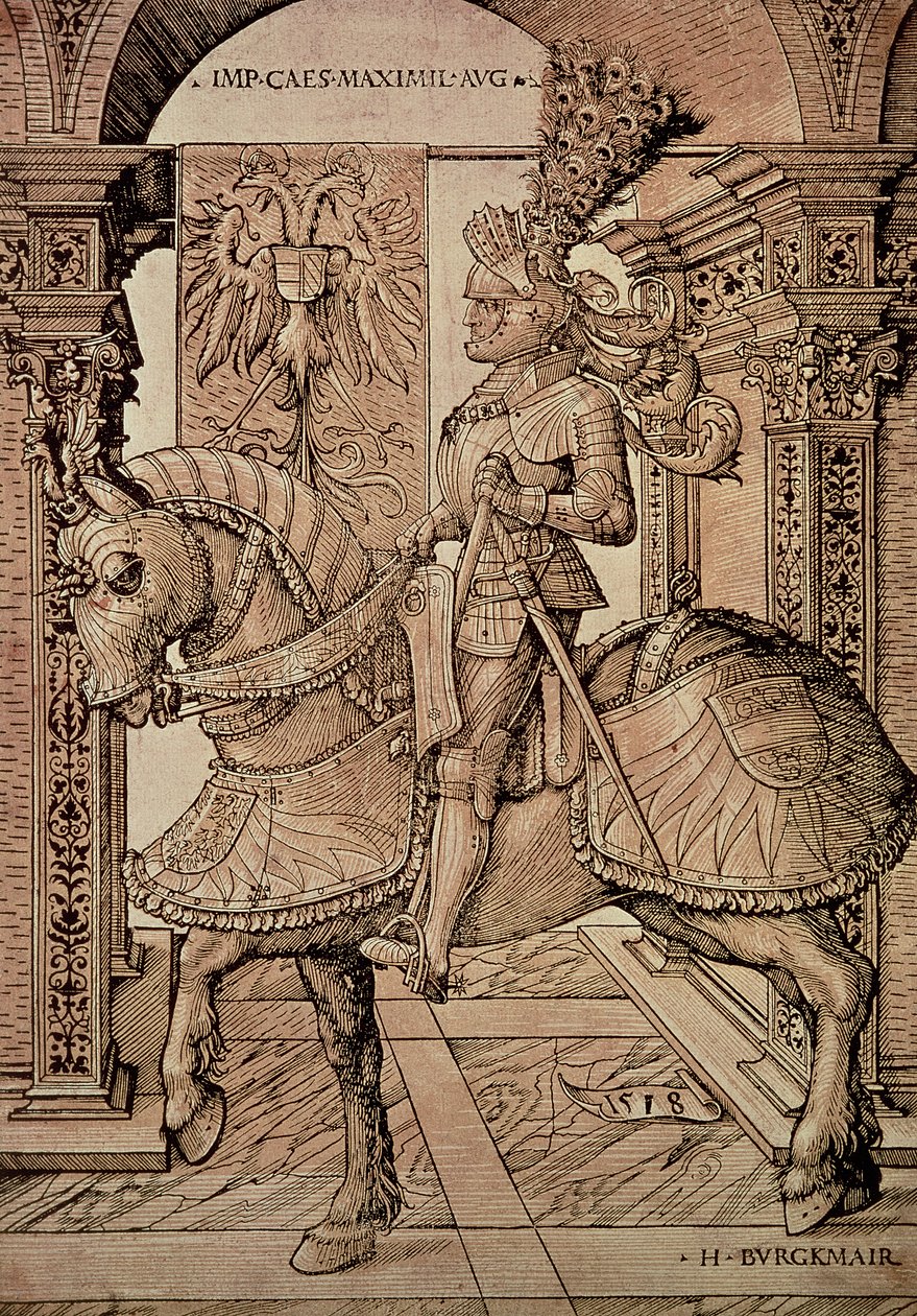 Emperador Maximiliano I montando un caballo, 1518 de Hans Burgkmair