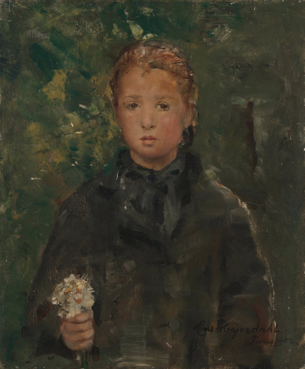Retrato de una niña con un ramo de flores de Hans Olaf Heyerdahl
