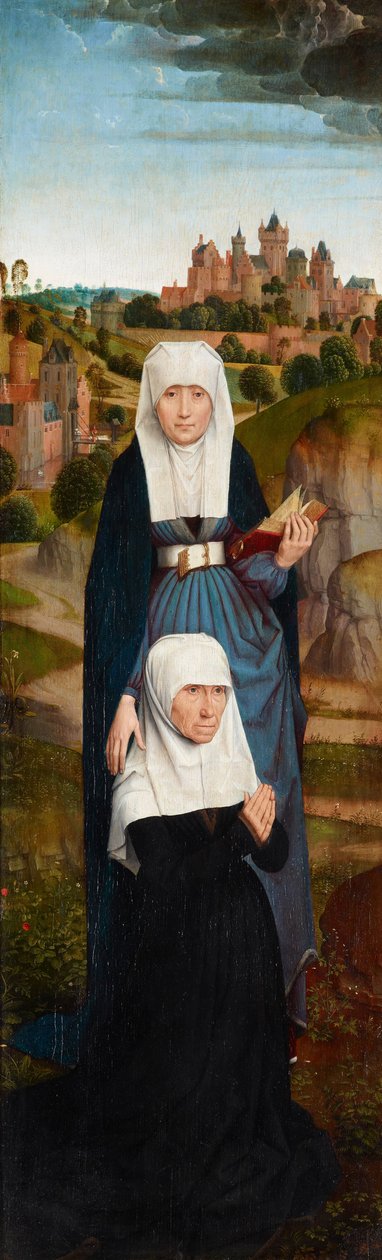Anciana en oración con Santa Ana de Hans Memling