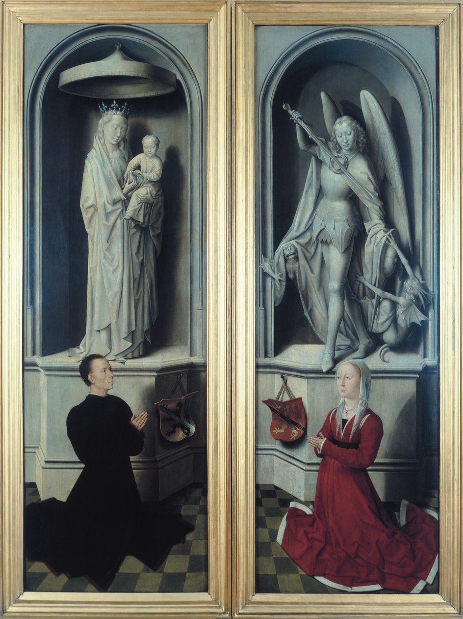 Vista del Juicio Final con sus paneles cerrados, representando a los donantes, Angelo di Jacopo Tani y su esposa, Caterina de Tanagli, debajo de la Madonna y el Niño y San Miguel, 1473 de Hans Memling