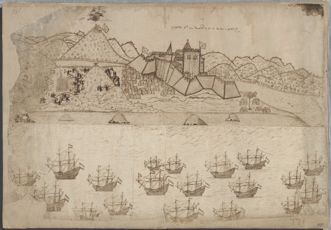Vista del fuerte y la rada de Elmina de Hans Propheet