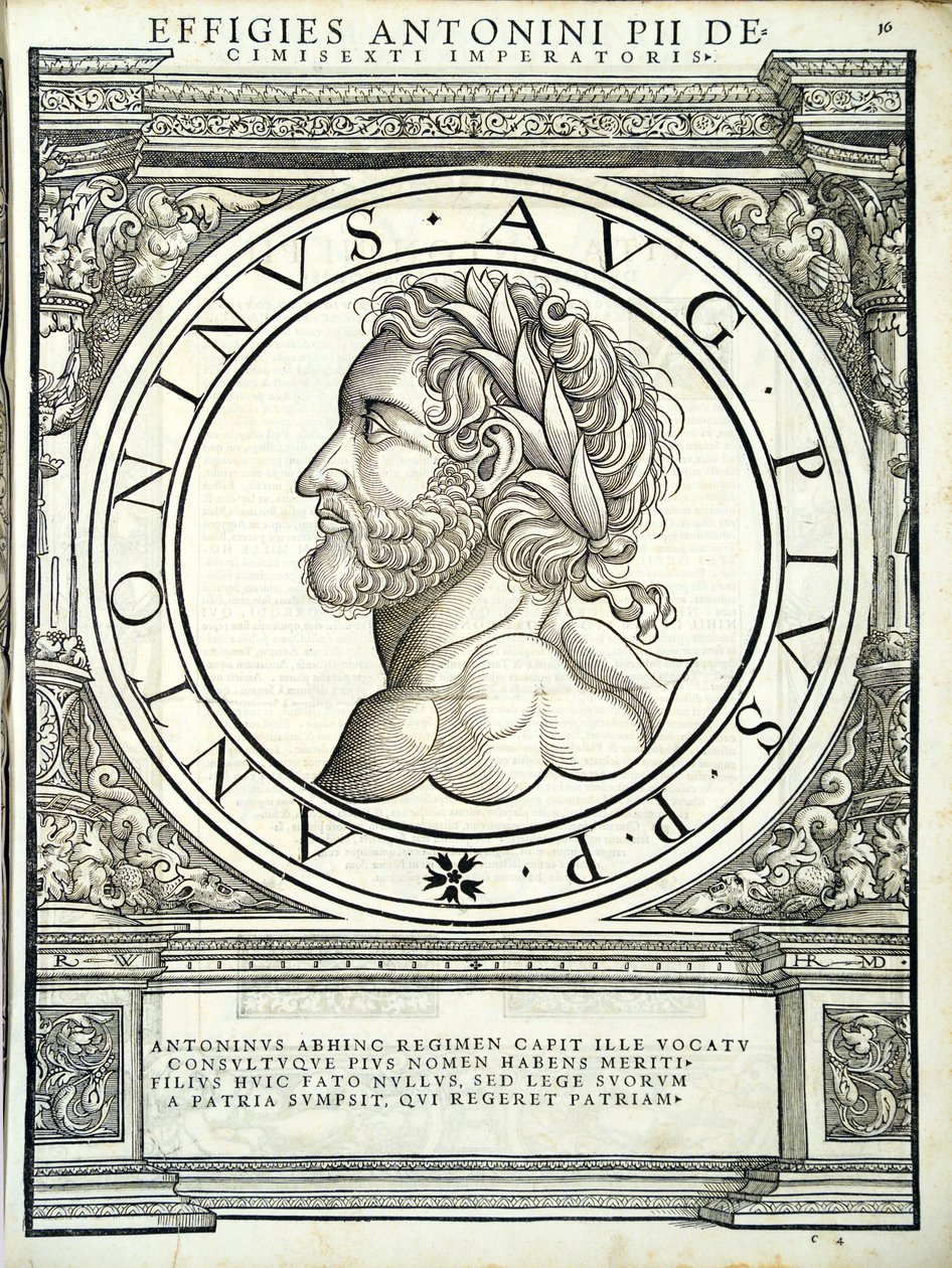 Antonino Pío, ilustración de Imperatorum romanorum omnium orientalium et occidentalium verissimae imagines ex antiquis numismatis de Hans Rudolf Manuel Deutsch