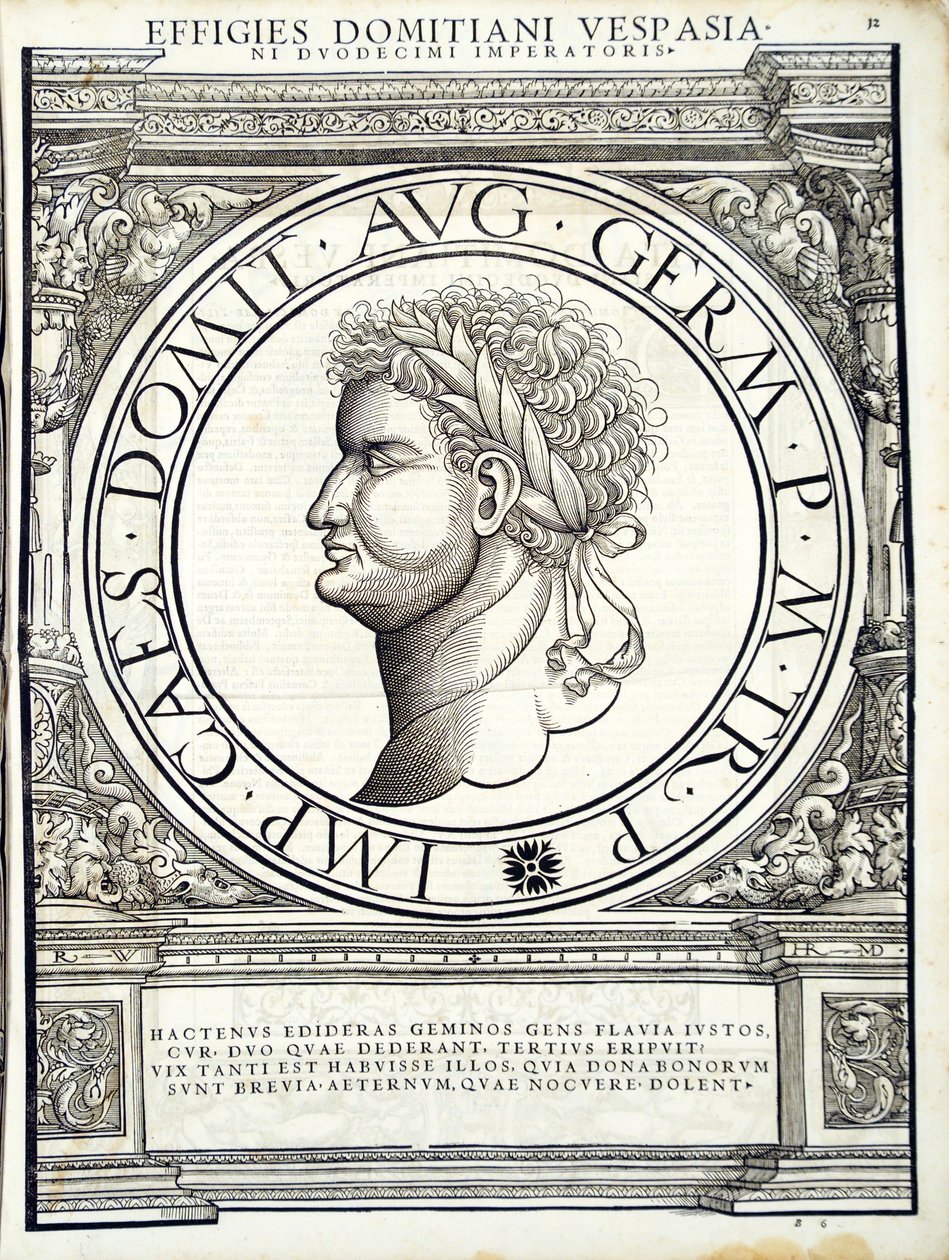Domiciano, ilustración de Imperatorum romanorum omnium orientalium et occidentalium verissimae imagines ex antiquis numismatis, 1559 de Hans Rudolf Manuel Deutsch
