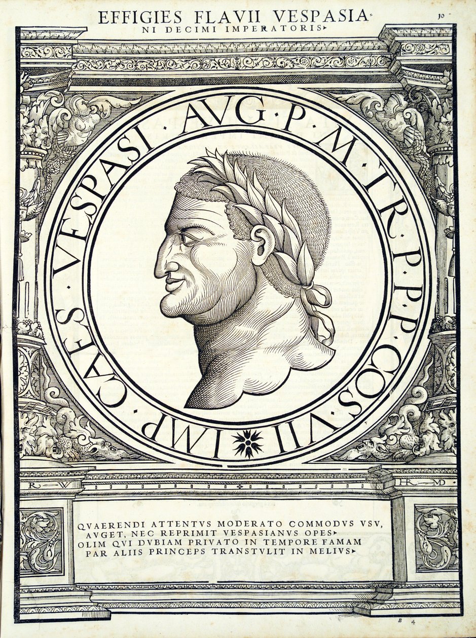 Flavio Vespasiano, ilustración de Imperatorum romanorum omnium orientalium et occidentalium verissimae imagines ex antiquis numismatis de Hans Rudolf Manuel Deutsch