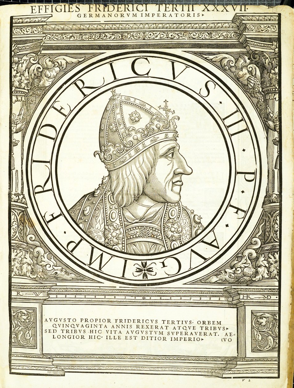 Fridericus III, ilustración de Imperatorum romanorum omnium orientalium et occidentalium verissimae imagines ex antiquis numismatis de Hans Rudolf Manuel Deutsch