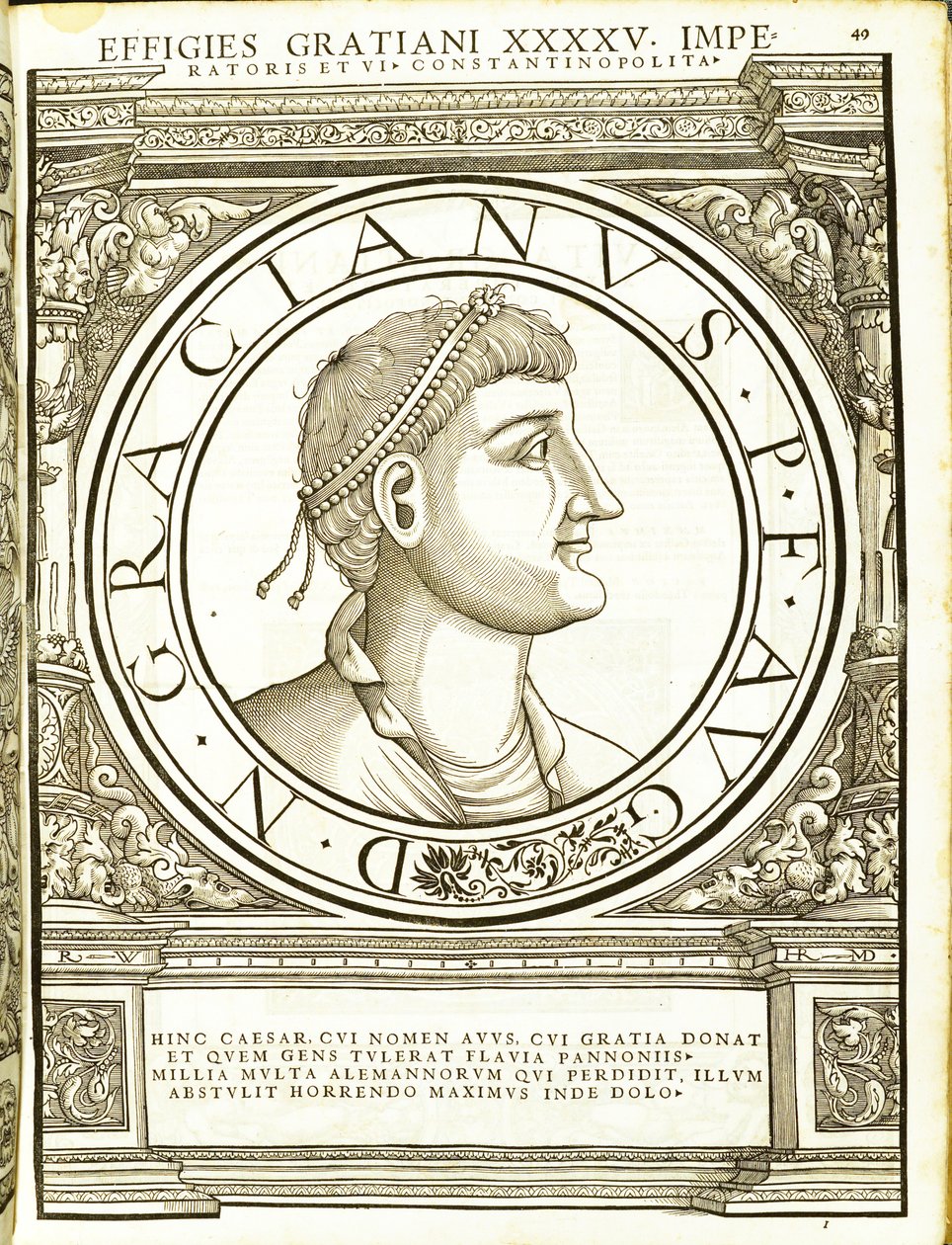 Graciano, ilustración de Imperatorum romanorum omnium orientalium et occidentalium verissimae imagines ex antiquis numismatis, 1559 de Hans Rudolf Manuel Deutsch